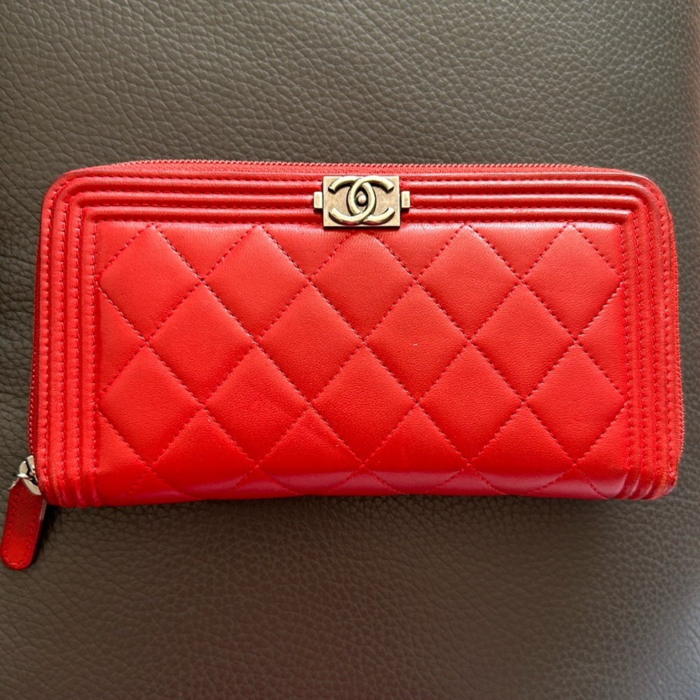 CHANEL Red Lambskin Leather Boy Long Zipped Wallet. Gently loved.